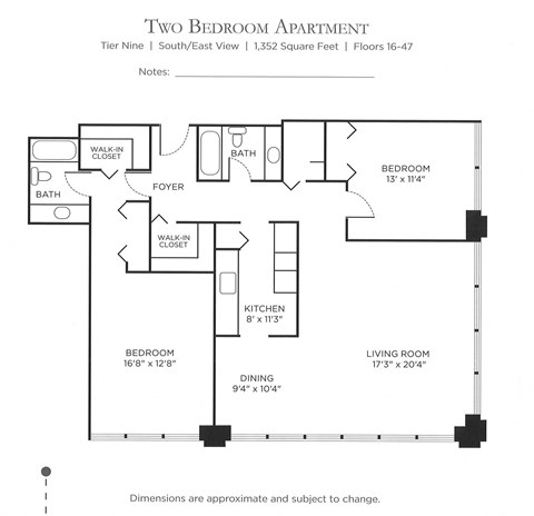 Floor plan for 2 beds, 2 baths, 1352 sqft